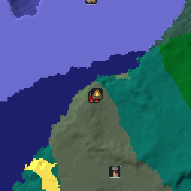 Overworld biome map of seed 220156544130626 around spawn, with the abandoned camp marked