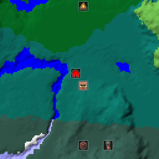 Overworld biome map of seed 239037302099373 around spawn, with the village marked