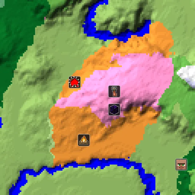 Overworld biome map of seed 4451556022061642 around spawn, with the abandoned camp and dappled forest marked