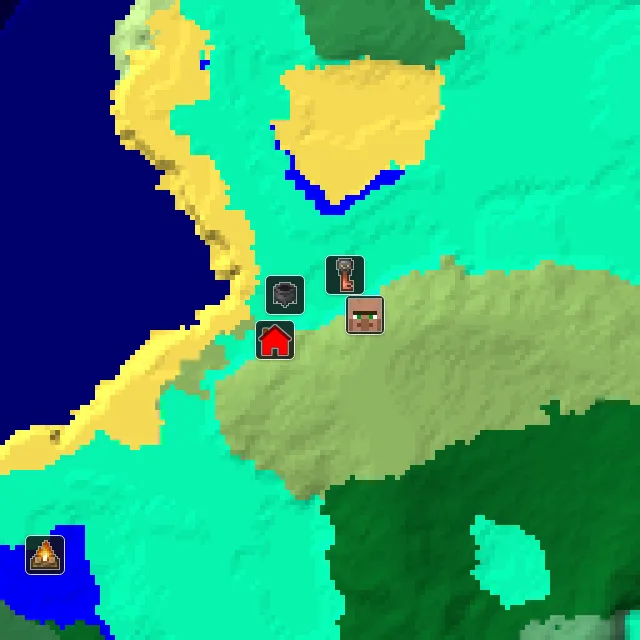 Overworld biome map of seed 64970233160177598 around spawn, with the village and swamp hut marked