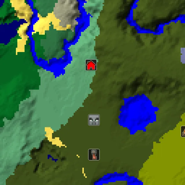 Overworld biome map of seed 8710948151992571 around spawn, with the mansion marked
