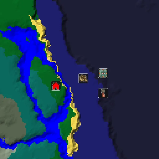 Overworld biome map of seed 949454566101615 around spawn, with the monument marked