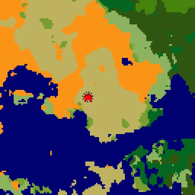 Overworld biome map of seed -1471026223388369049 around spawn, with the savanna marked