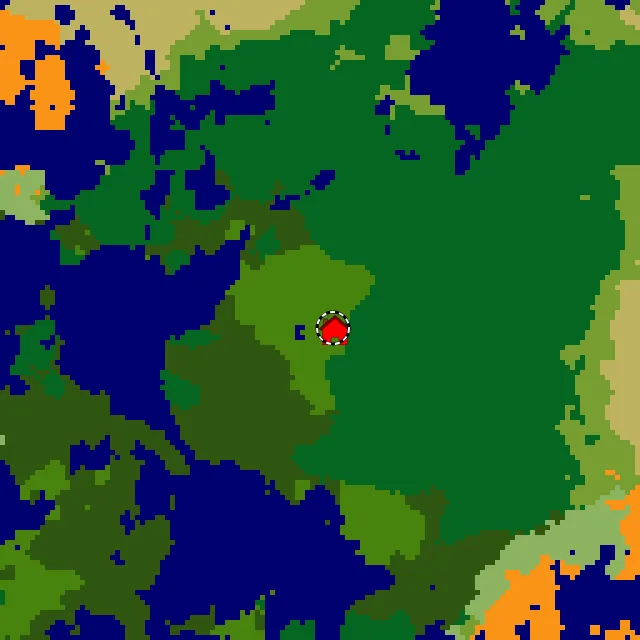 Overworld biome map of seed -5040321766468127378 around spawn, with the rainforest marked