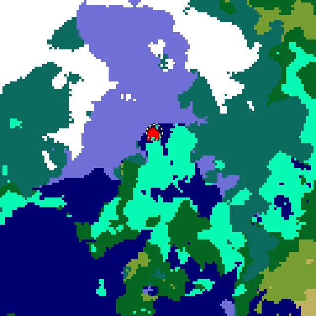Overworld biome map of seed -8934943566002900098 around spawn, with the swamp marked