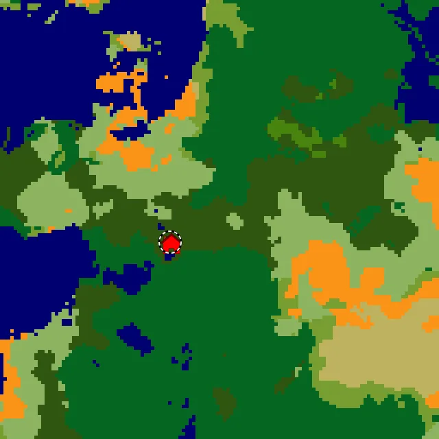 Overworld biome map of seed 2714785112338216915 around spawn, with the seasonal forest marked