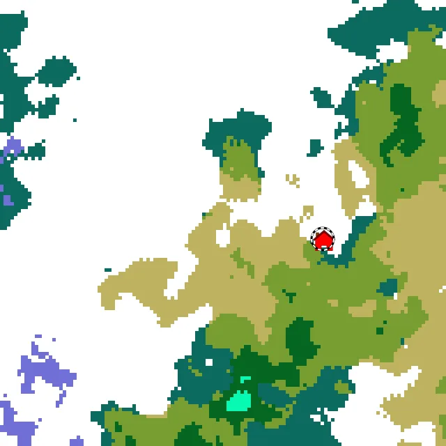 Overworld biome map of seed 5282079905655575269 around spawn, with the snowy plains marked