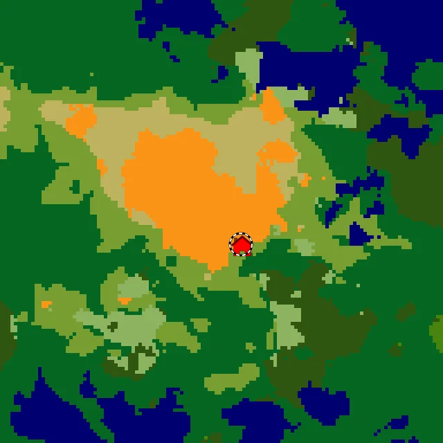 Overworld biome map of seed 7724954143294076815 around spawn, with the desert marked