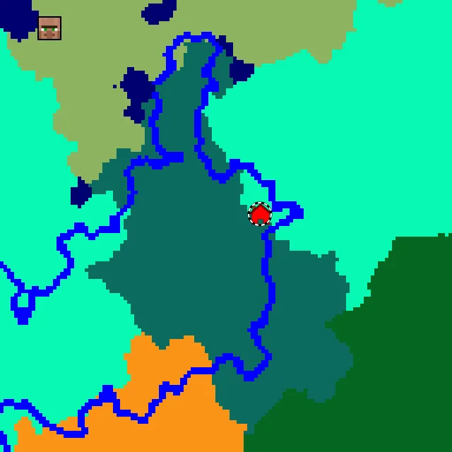 Overworld biome map of seed -5104198003170397760 around spawn, with the taiga marked