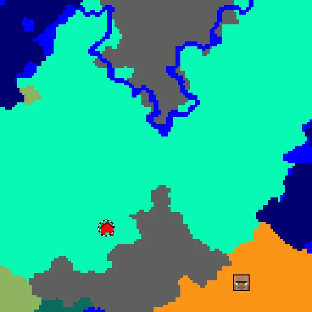 Overworld biome map of seed -6802600396111745991 around spawn, with the swamp marked