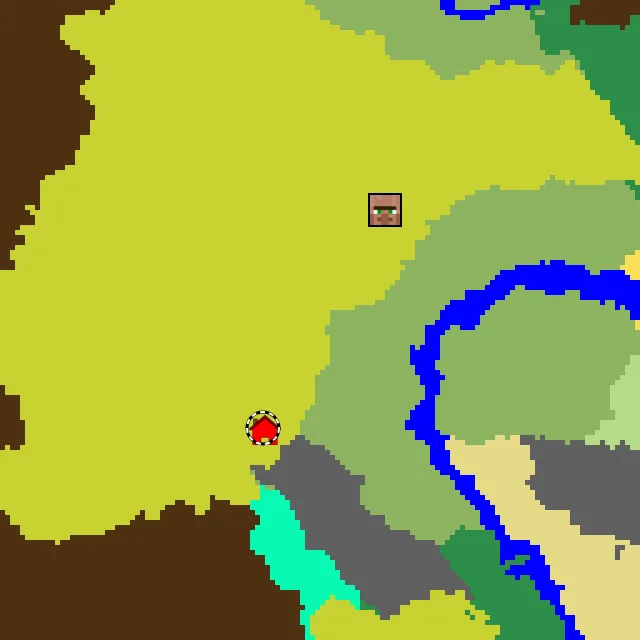 Overworld biome map of seed 1429451576662801 around spawn at Y 0, with the village and sulfur caves marked