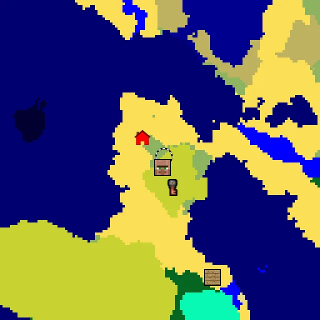Overworld biome map of seed 3074086031640167 around spawn at Y 0, with the village and sulfur caves marked