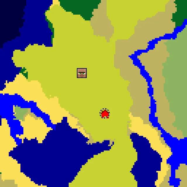 Overworld biome map of seed 308628722620600 around spawn at Y 0, with the village and sulfur caves marked