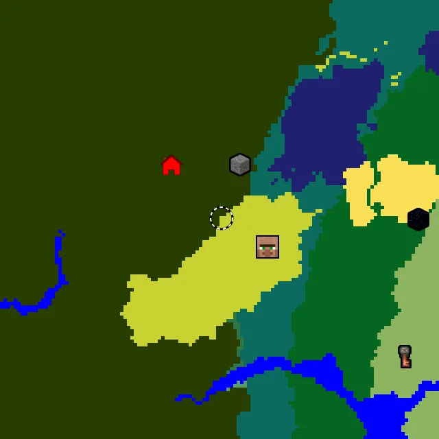 Overworld biome map of seed 442860251699945 around spawn at Y 0, with the village and sulfur caves marked