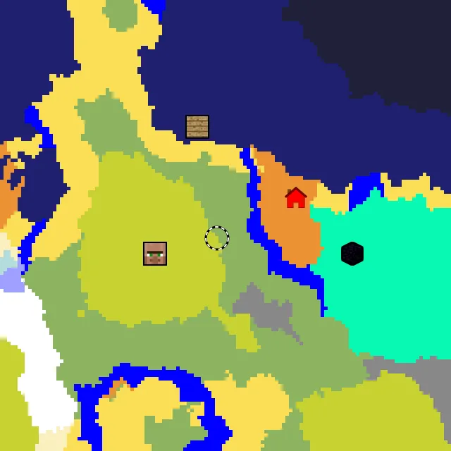 Overworld biome map of seed 5122454561084229 around spawn at Y 0, with the village and sulfur caves marked