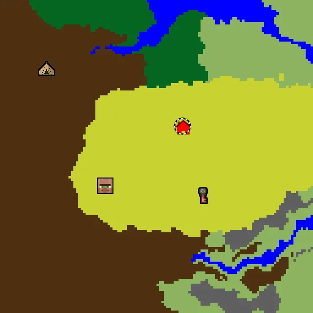 Overworld biome map of seed 5133991228066333 around spawn at Y 0, with the village and sulfur caves marked
