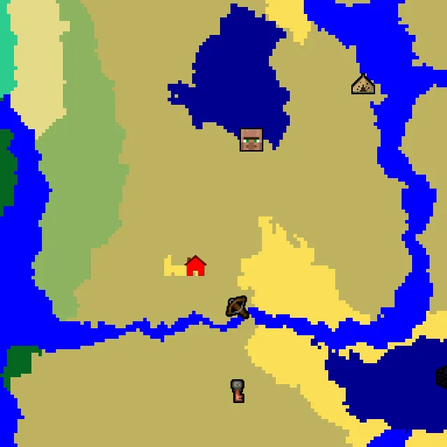 Overworld biome map of seed 1667552769884978 around spawn, with the village and outpost marked