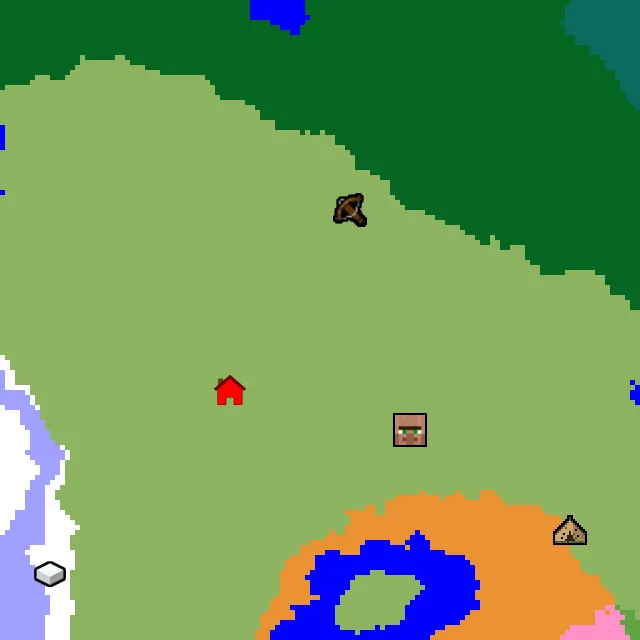 Overworld biome map of seed 168486502954112 around spawn, with the village and outpost marked