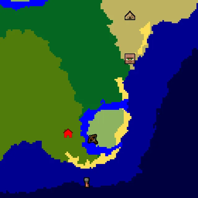 Overworld biome map of seed 238277855897535 around spawn, with the village and outpost marked