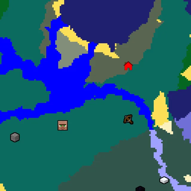 Overworld biome map of seed 272987006062197 around spawn, with the village and outpost marked