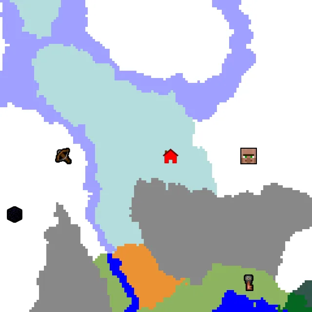 Overworld biome map of seed 3086673498097895 around spawn, with the village and outpost marked