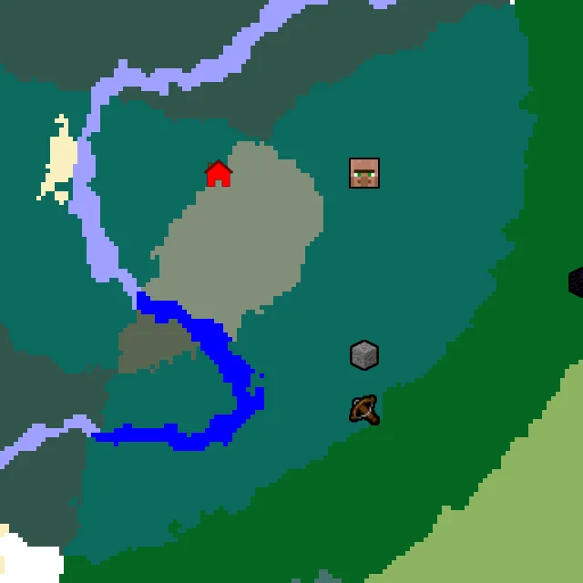 Overworld biome map of seed 310216982155757 around spawn, with the village and outpost marked