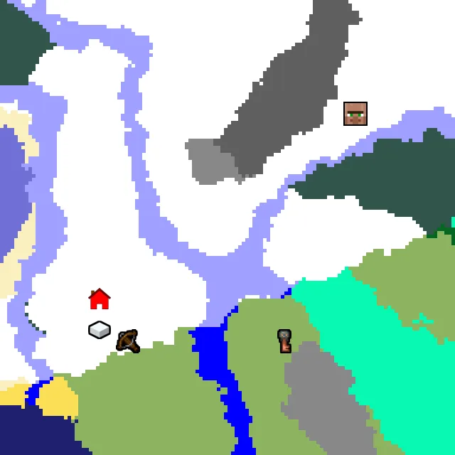 Overworld biome map of seed 3356402630148966 around spawn, with the village and outpost marked
