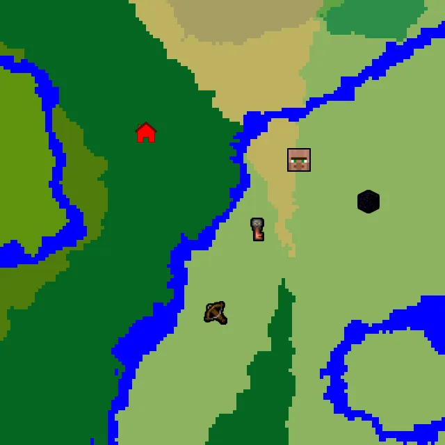 Overworld biome map of seed 4329197876656961 around spawn, with the village and outpost marked