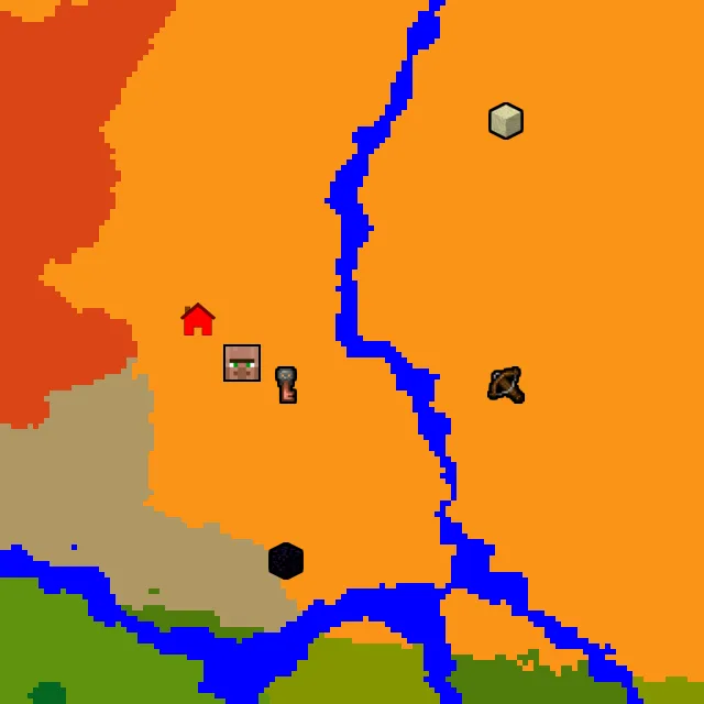 Overworld biome map of seed 911279098436064 around spawn, with the village and outpost marked
