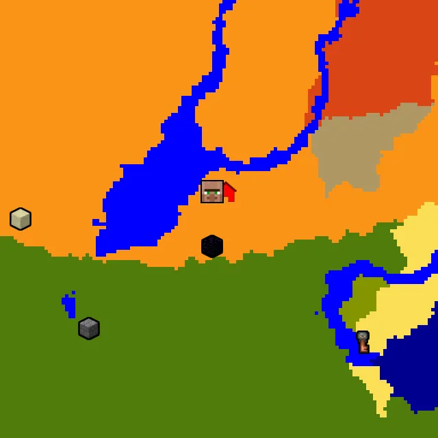 Overworld biome map of seed 1393324449629368 around spawn, with the village and ruined portal marked