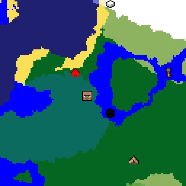 Overworld biome map of seed 1448753197383953 around spawn, with the village and ruined portal marked