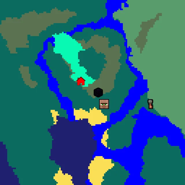 Overworld biome map of seed 186307584437646 around spawn, with the village and ruined portal marked