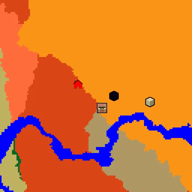 Overworld biome map of seed 197911054534065 around spawn, with the village and ruined portal marked
