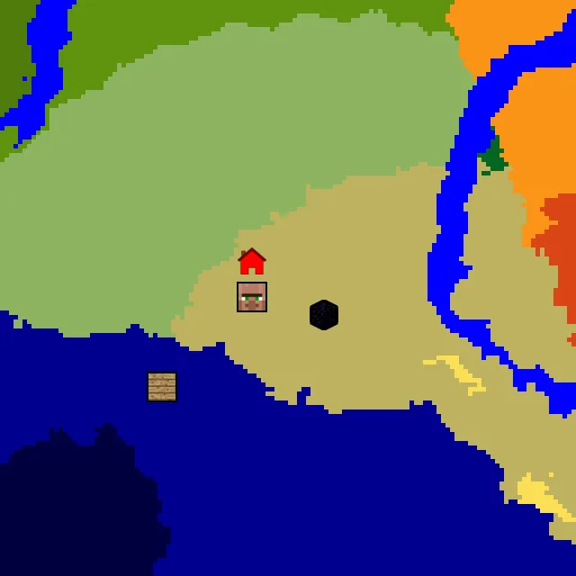 Overworld biome map of seed 213537058688244 around spawn, with the village and ruined portal marked