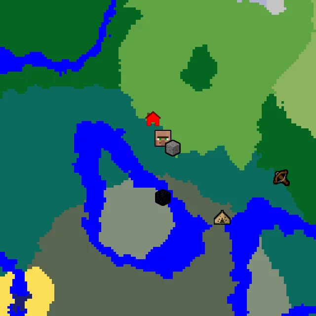 Overworld biome map of seed 3481099971675538 around spawn, with the village and ruined portal marked