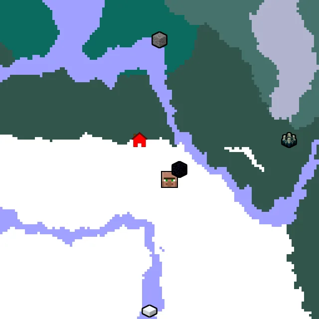 Overworld biome map of seed 613114469485949 around spawn, with the village and ruined portal marked