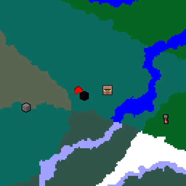 Overworld biome map of seed 667406256774050 around spawn, with the village and ruined portal marked