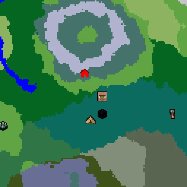 Overworld biome map of seed 700138229128108 around spawn, with the village and ruined portal marked