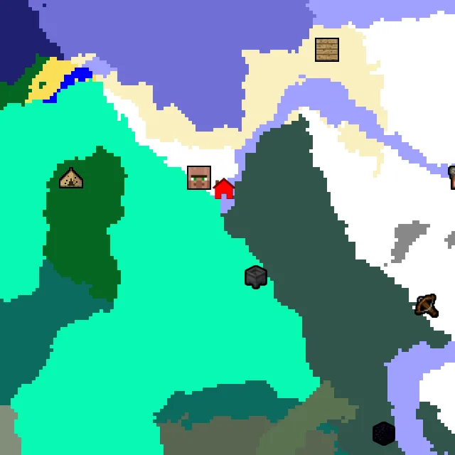 Overworld biome map of seed 146114360905246199 around spawn, with the village and swamp hut marked