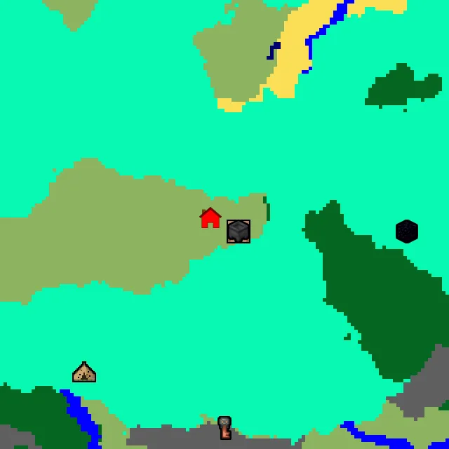 Overworld biome map of seed 1748729253401579425 around spawn, with the village and swamp hut marked