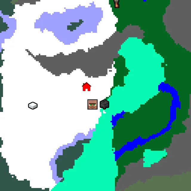 Overworld biome map of seed 221208994210622363 around spawn, with the village and swamp hut marked