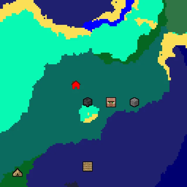 Overworld biome map of seed 258363691136428975 around spawn, with the village and swamp hut marked