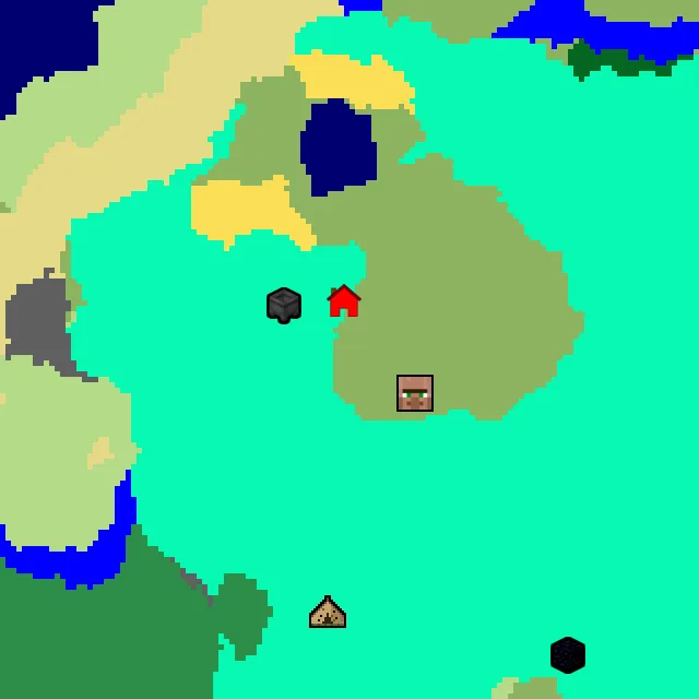Overworld biome map of seed 27053392115671819 around spawn, with the village and swamp hut marked