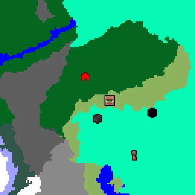 Overworld biome map of seed 286640949242730905 around spawn, with the village and swamp hut marked