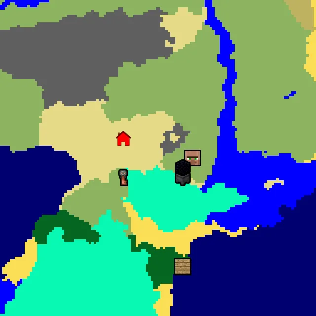 Overworld biome map of seed 440719661528502662 around spawn, with the village and swamp hut marked