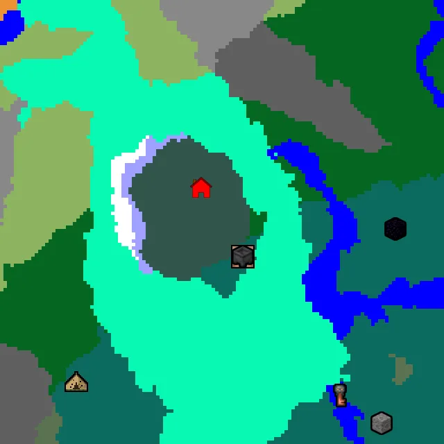 Overworld biome map of seed 525879814561908518 around spawn, with the village and swamp hut marked