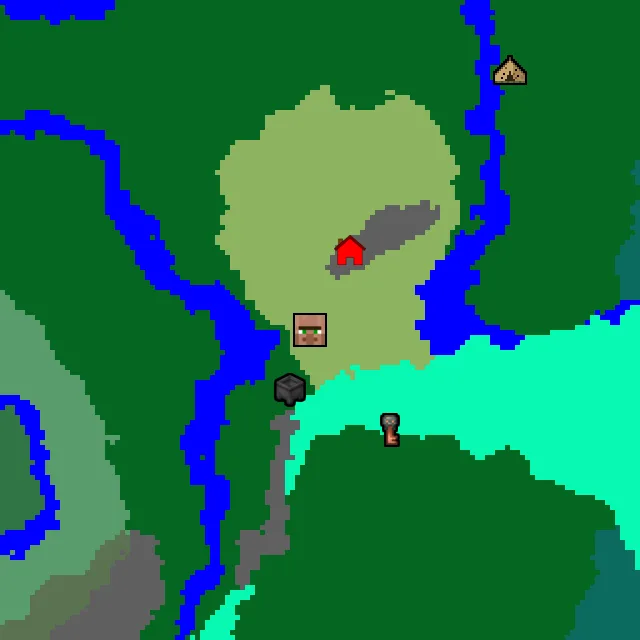 Overworld biome map of seed 84753882188559489 around spawn, with the village and swamp hut marked