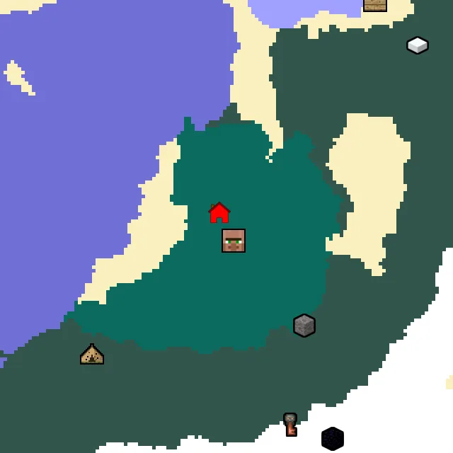 Overworld biome map of seed 1658433229300290 around spawn, with the village marked