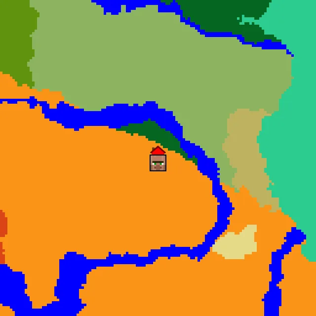 Overworld biome map of seed 1692345640347606 around spawn, with the village marked