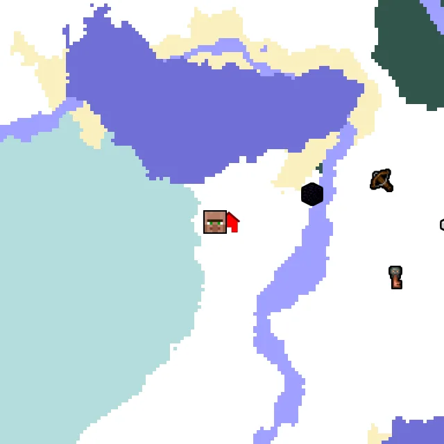 Overworld biome map of seed 200203700853529 around spawn, with the village marked